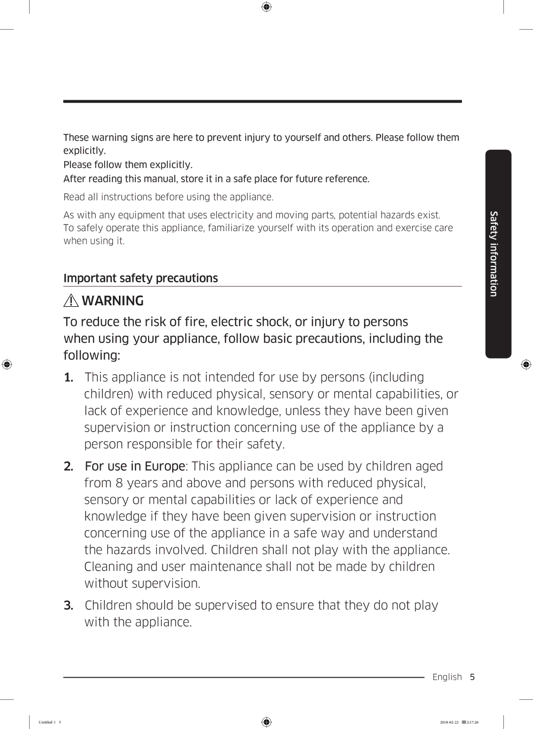 Samsung WD16J7800KS/YL, WD16J7800KW/YL manual Important safety precautions 