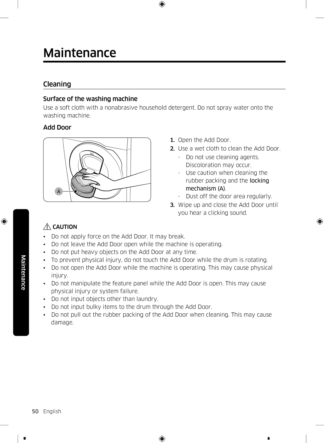 Samsung WD16J7800KW/YL, WD16J7800KS/YL manual Cleaning, Surface of the washing machine, Add Door 