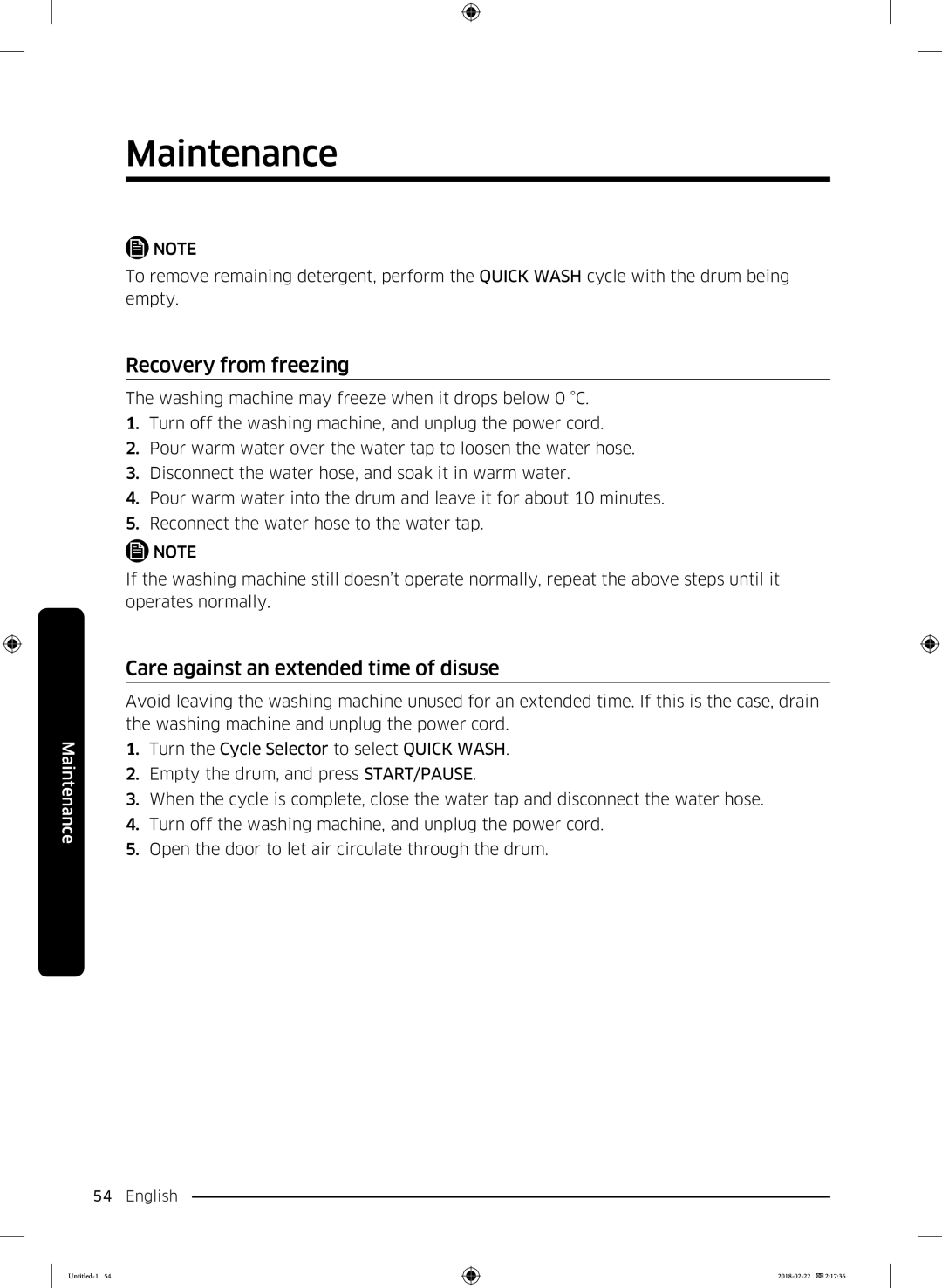 Samsung WD16J7800KW/YL, WD16J7800KS/YL manual Recovery from freezing, Care against an extended time of disuse 