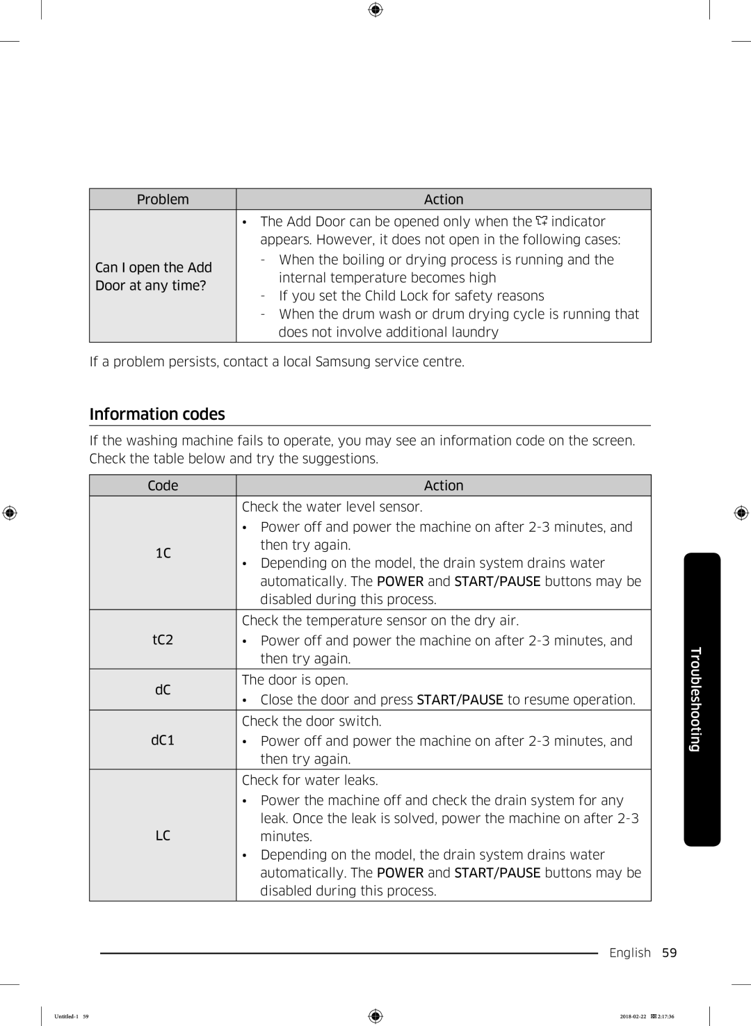 Samsung WD16J7800KS/YL, WD16J7800KW/YL manual Information codes 