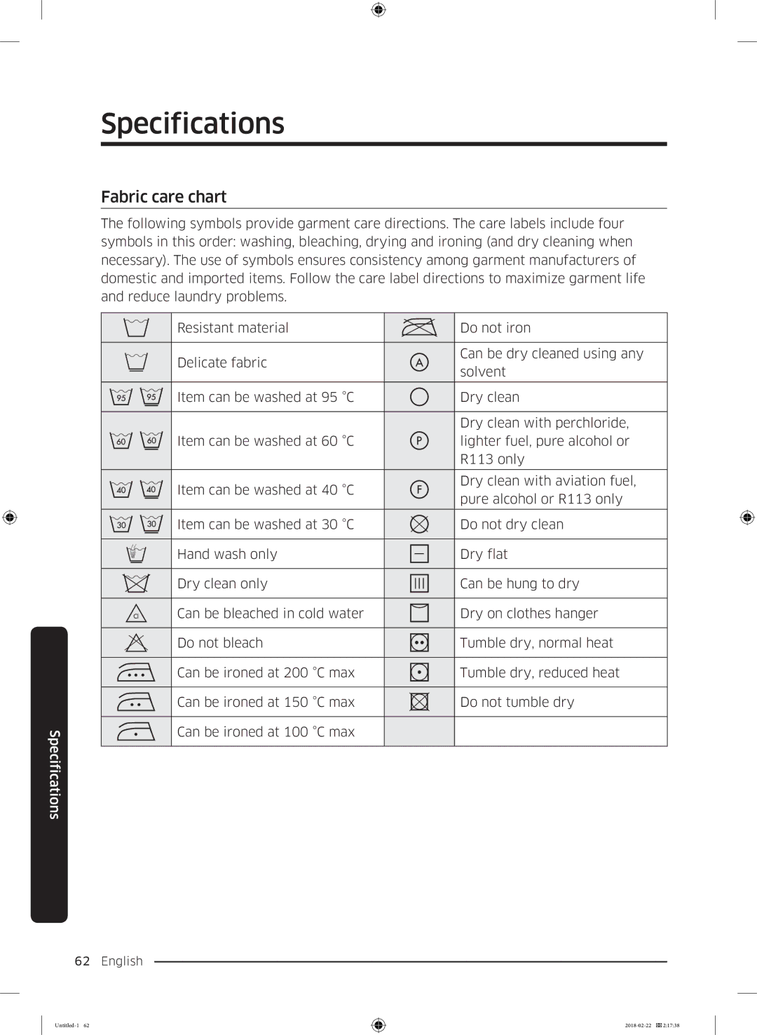 Samsung WD16J7800KW/YL, WD16J7800KS/YL manual Specifications, Fabric care chart 