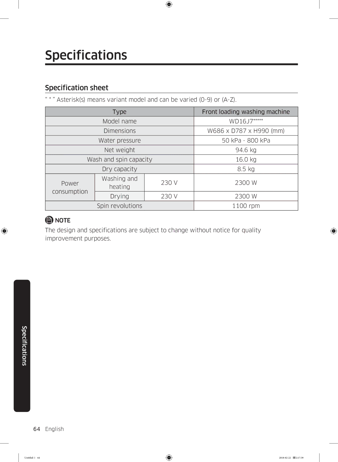 Samsung WD16J7800KW/YL, WD16J7800KS/YL manual Specification sheet 