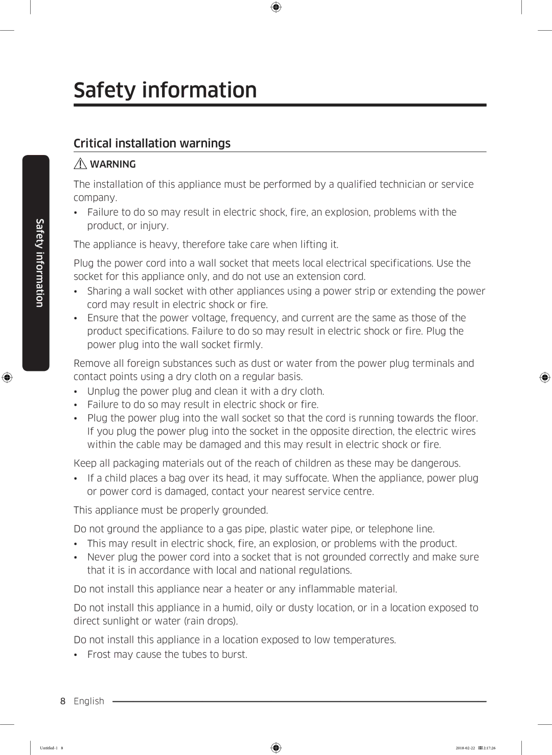 Samsung WD16J7800KW/YL, WD16J7800KS/YL manual Critical installation warnings 