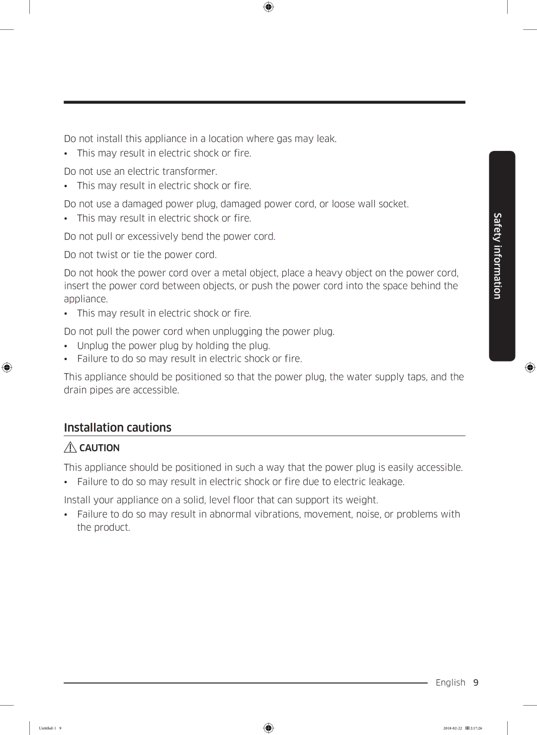 Samsung WD16J7800KS/YL, WD16J7800KW/YL manual Installation cautions 