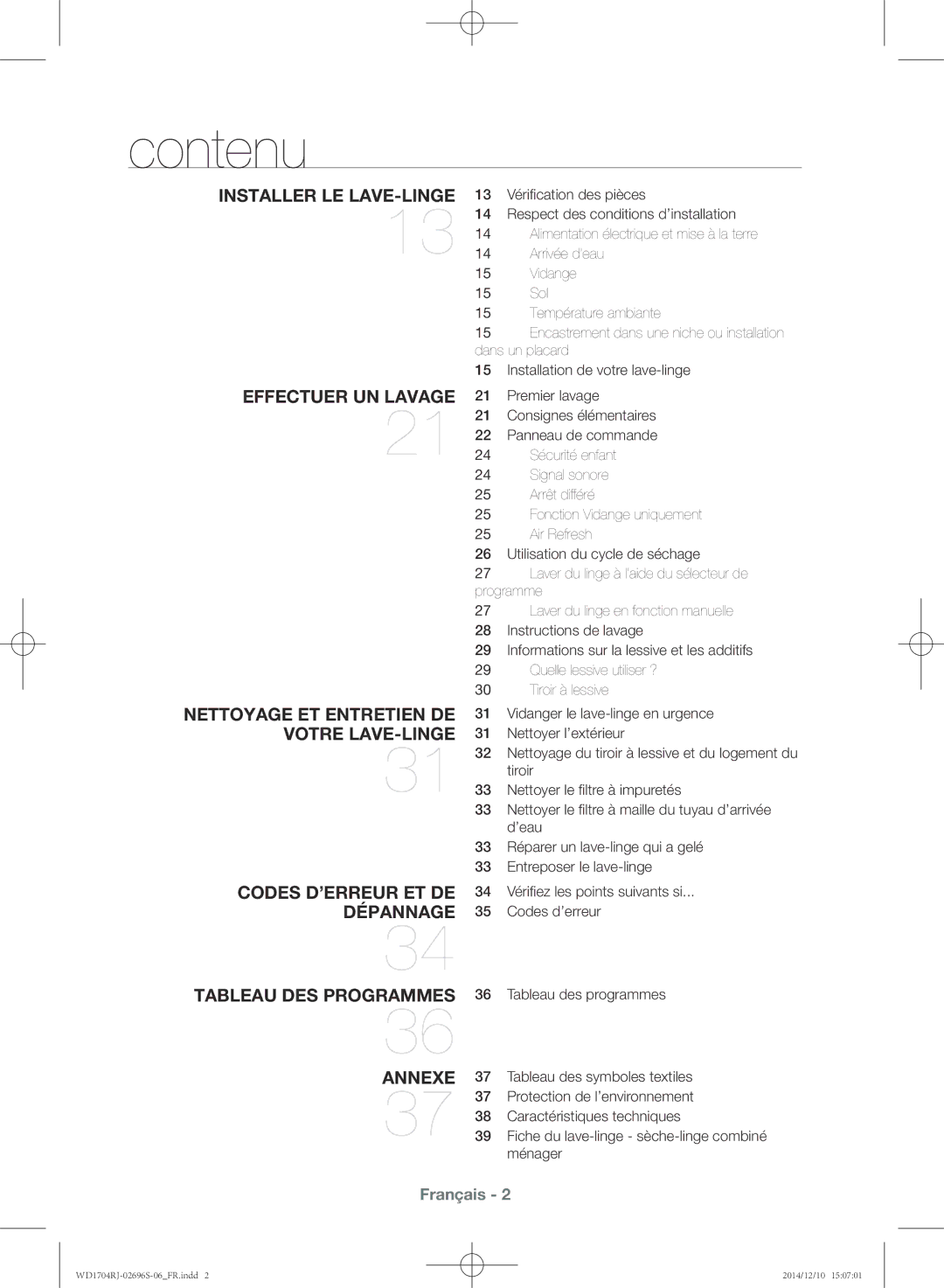 Samsung WD1704RJC1/XEF, WD1704RJC2/XEF, WD1702RJV2/XEF, WD1702RJV1/XEF manual Contenu 