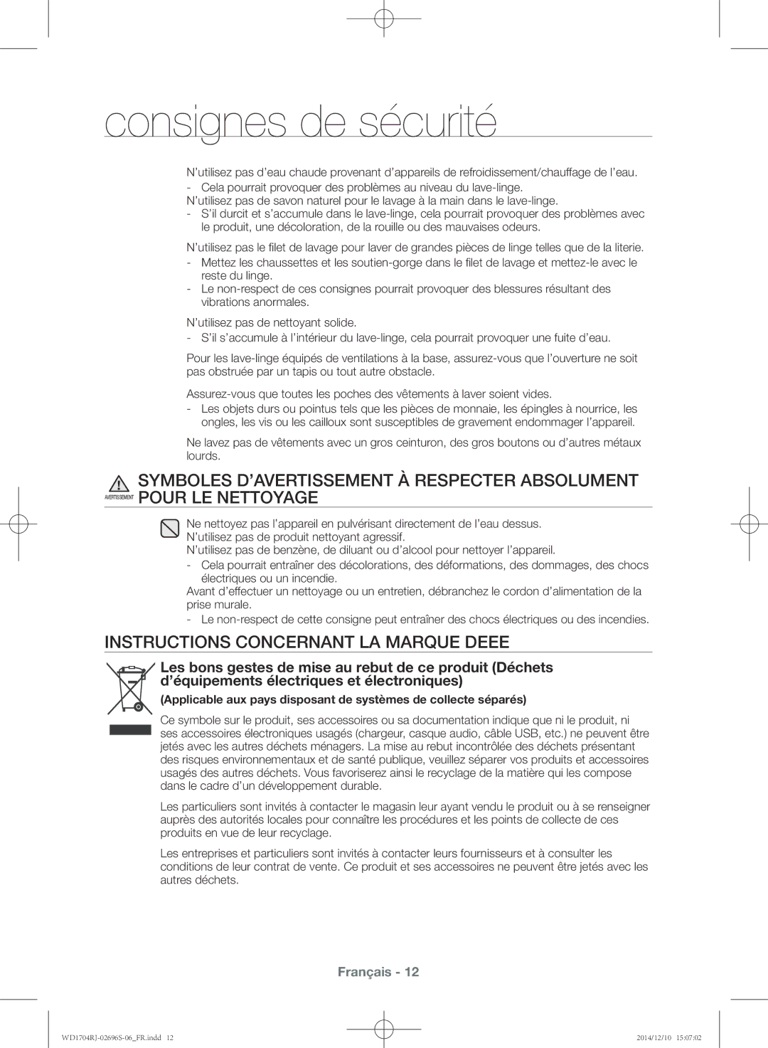 Samsung WD1702RJV1/XEF, WD1704RJC2/XEF, WD1704RJC1/XEF, WD1702RJV2/XEF manual Instructions concernant la marque Deee 