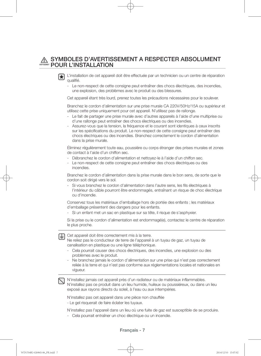 Samsung WD1702RJV2/XEF, WD1704RJC2/XEF, WD1704RJC1/XEF, WD1702RJV1/XEF manual Français 