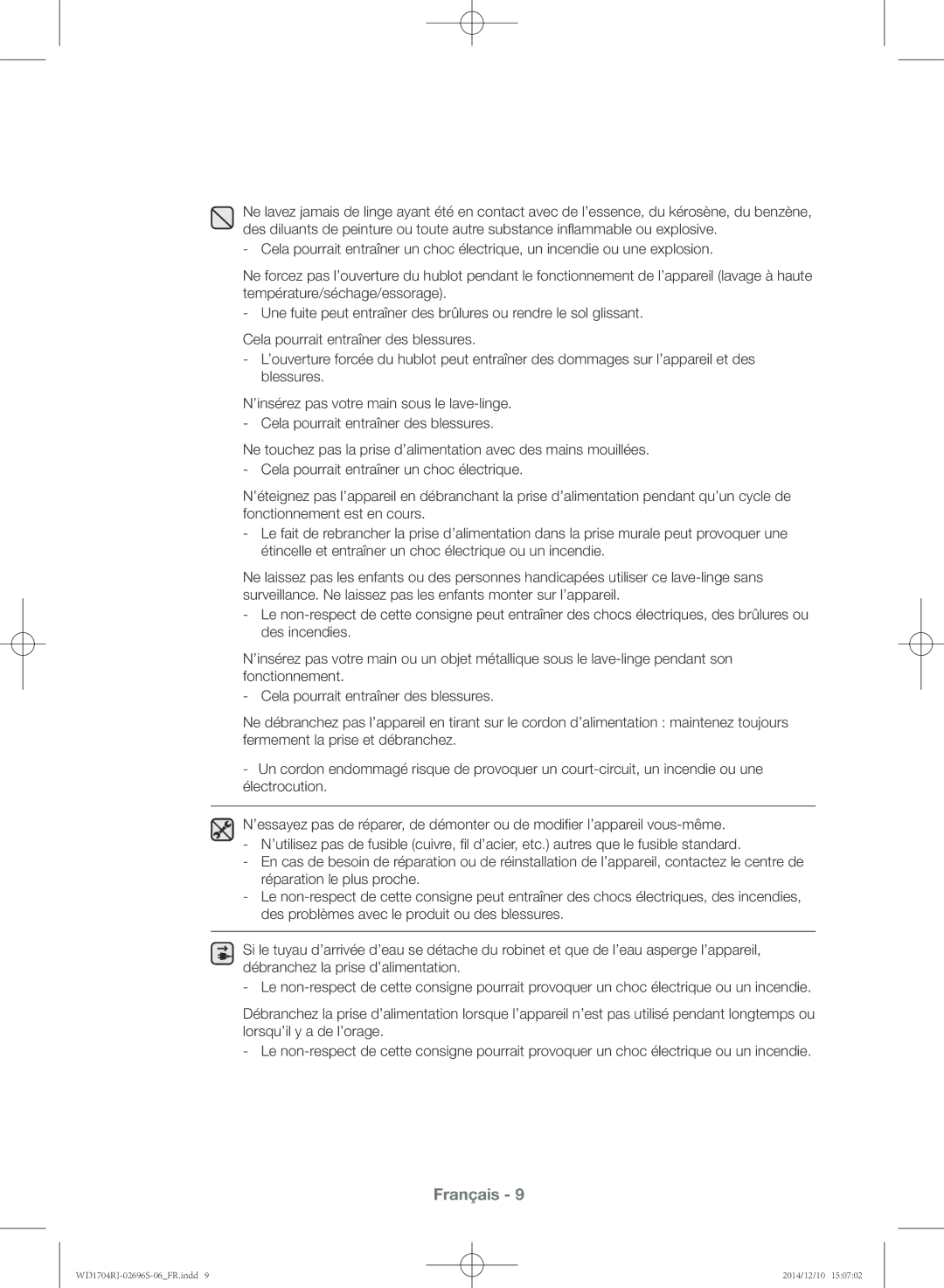 Samsung WD1704RJC2/XEF, WD1704RJC1/XEF, WD1702RJV2/XEF, WD1702RJV1/XEF manual Français 