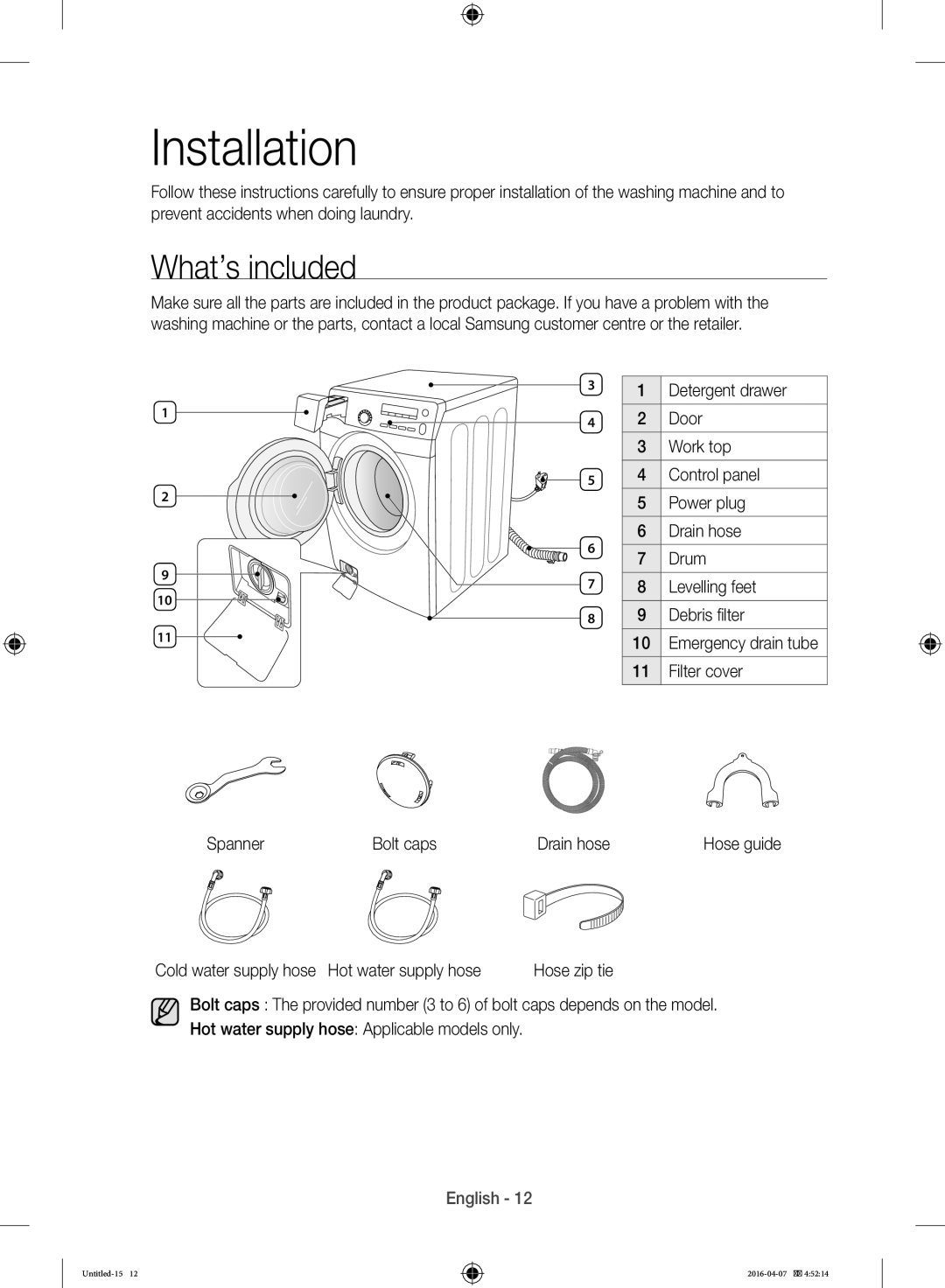 Samsung WD17H7300KP/FH manual Installation, What’s included 