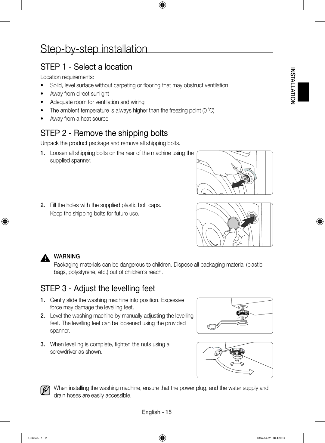 Samsung WD17H7300KP/FH Step-by-step installation, Select a location, Remove the shipping bolts, Adjust the levelling feet 