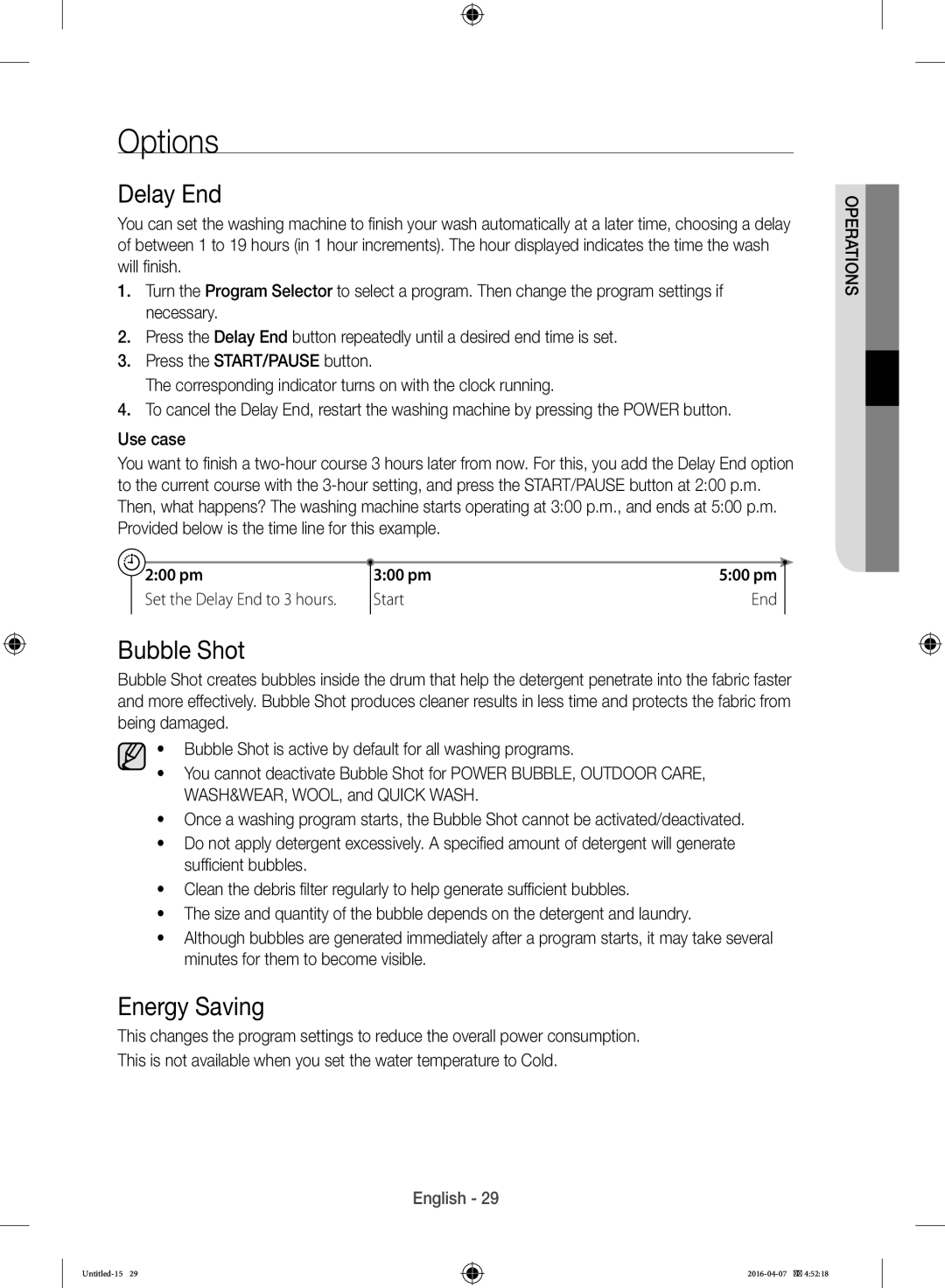 Samsung WD17H7300KP/FH manual Options, Delay End, Bubble Shot, Energy Saving 