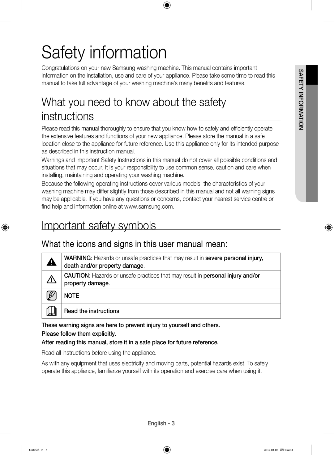 Samsung WD17H7300KP/FH manual Safety information 