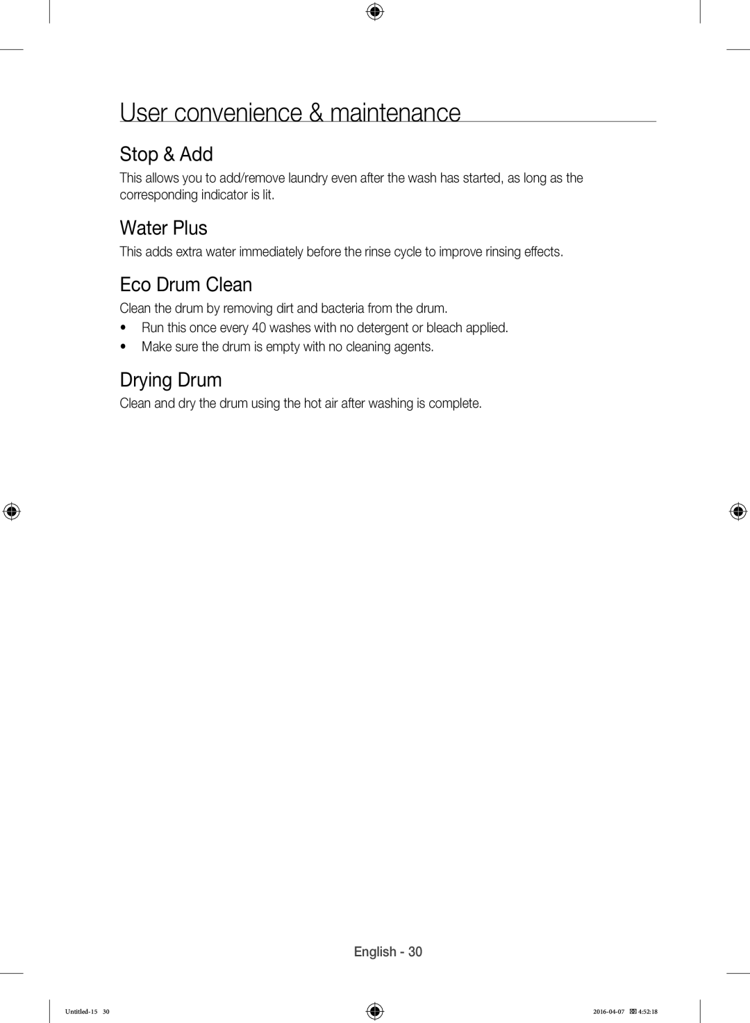 Samsung WD17H7300KP/FH manual User convenience & maintenance, Stop & Add, Water Plus, Eco Drum Clean, Drying Drum 
