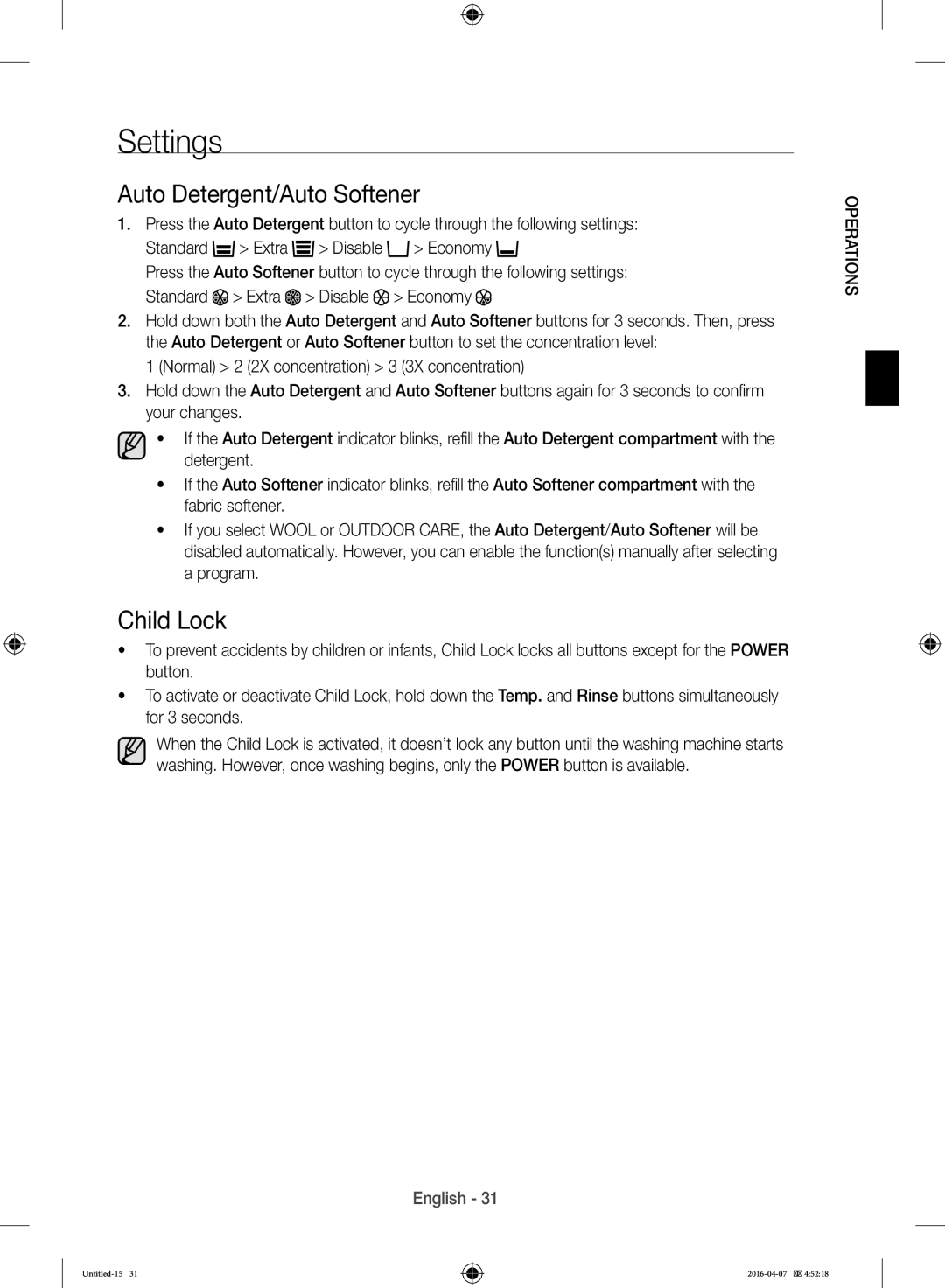 Samsung WD17H7300KP/FH manual Settings, Auto Detergent/Auto Softener, Child Lock 