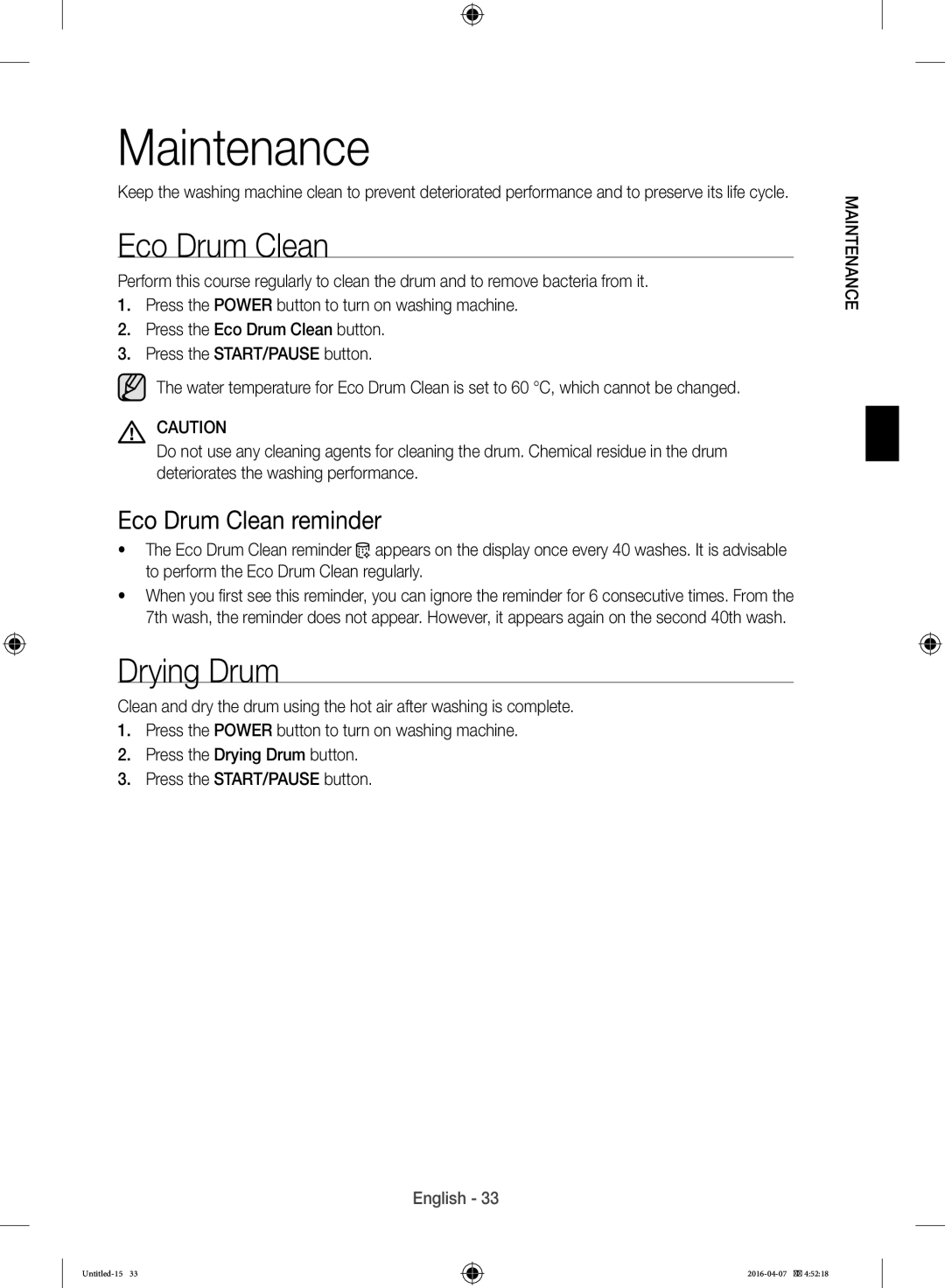 Samsung WD17H7300KP/FH manual Drying Drum, Eco Drum Clean reminder 