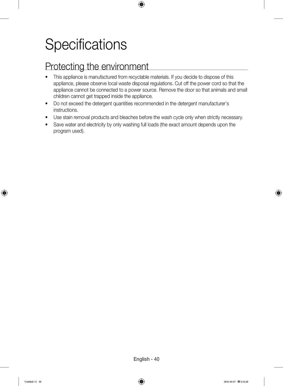 Samsung WD17H7300KP/FH manual Specifications, Protecting the environment 