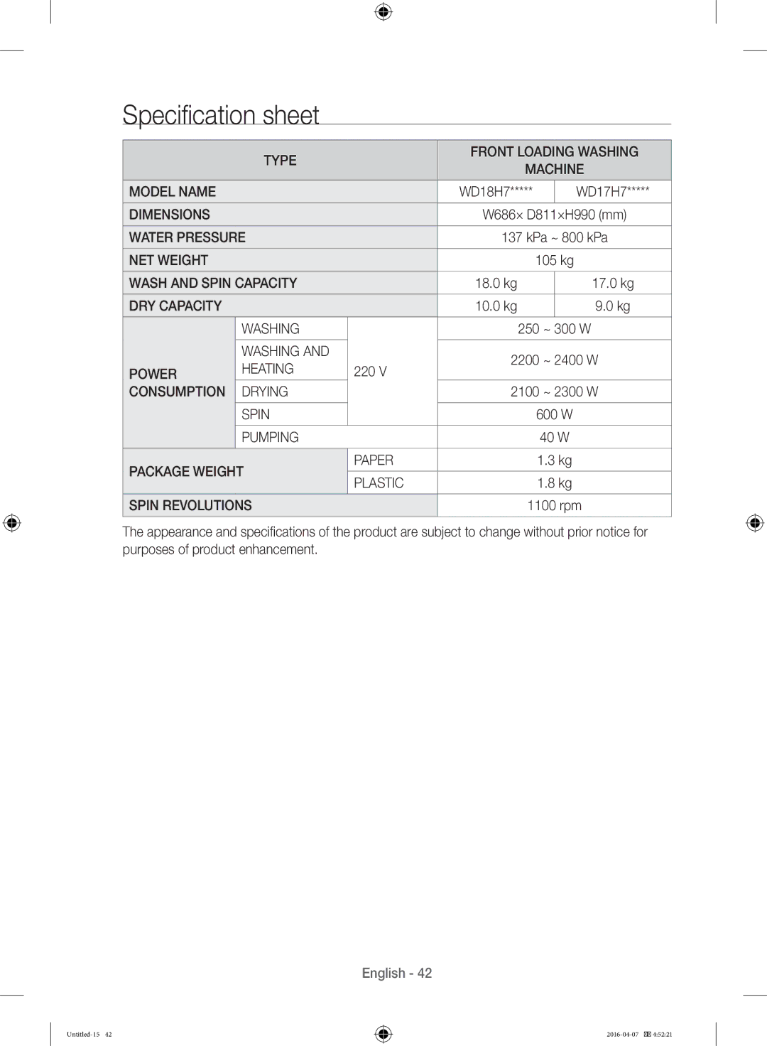 Samsung WD17H7300KP/FH manual Specification sheet, Package Weight Paper Plastic Spin Revolutions 