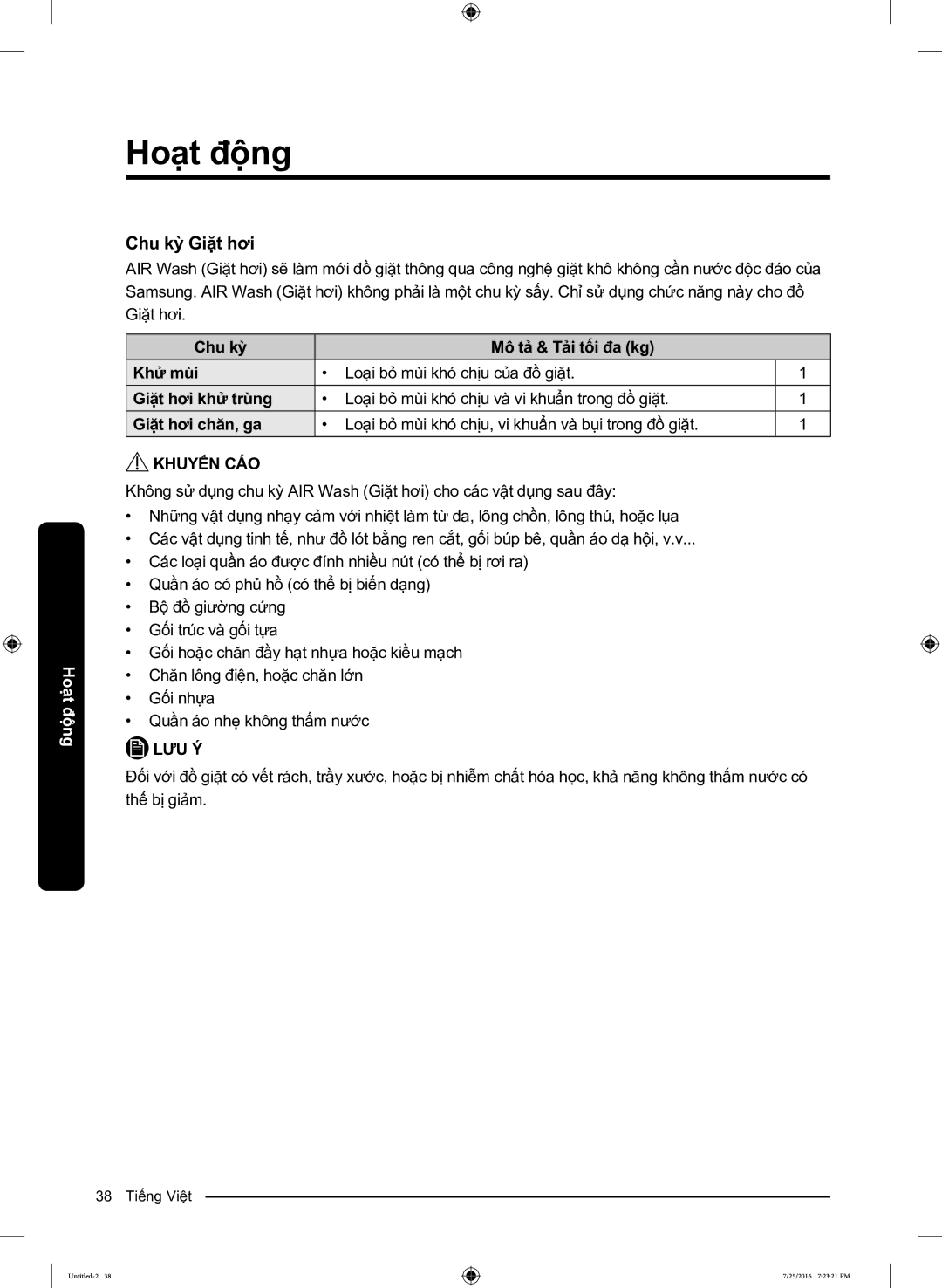 Samsung WD17J7825KP/SV manual Chu kỳ Giặt hơi, Chu kỳ Mô tả & Tải tối đa kg Khử mùi, Giặt hơi khử trùng, Giặt hơi chăn, ga 