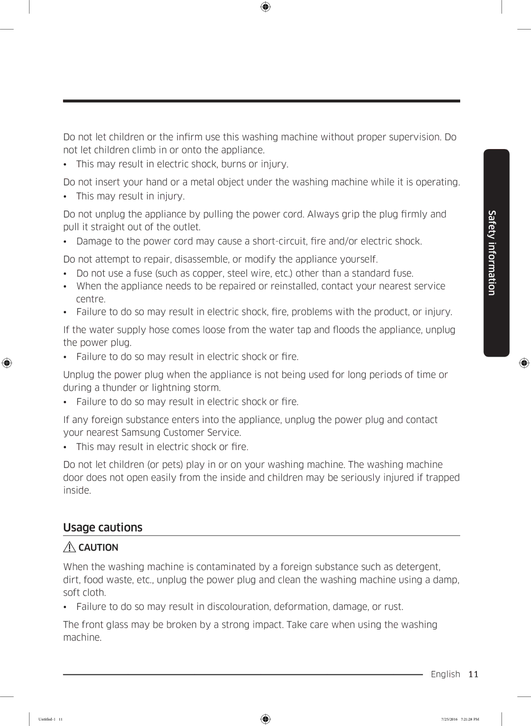 Samsung WD17J7825KP/SV manual Usage cautions 