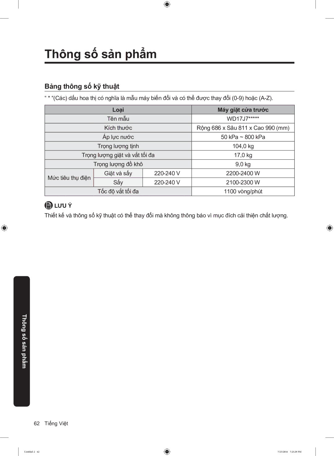 Samsung WD17J7825KP/SV manual Bảng thông số kỹ thuật, Loại Máy giặt cửa trước 