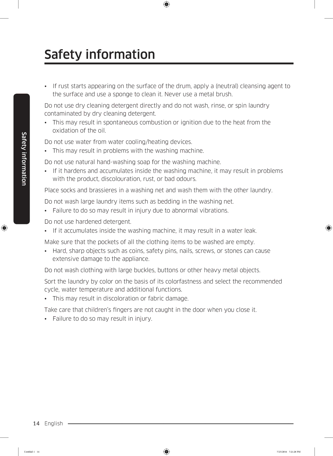 Samsung WD17J7825KP/SV manual Safety information 