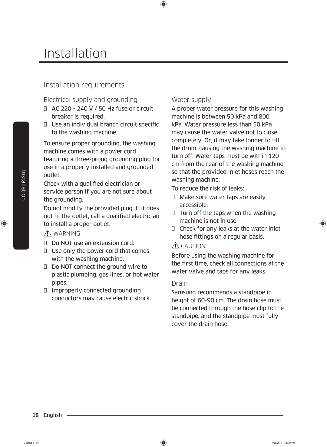Samsung WD17J7825KP/SV manual Installation requirements, Electrical supply and grounding, Water supply, Drain 