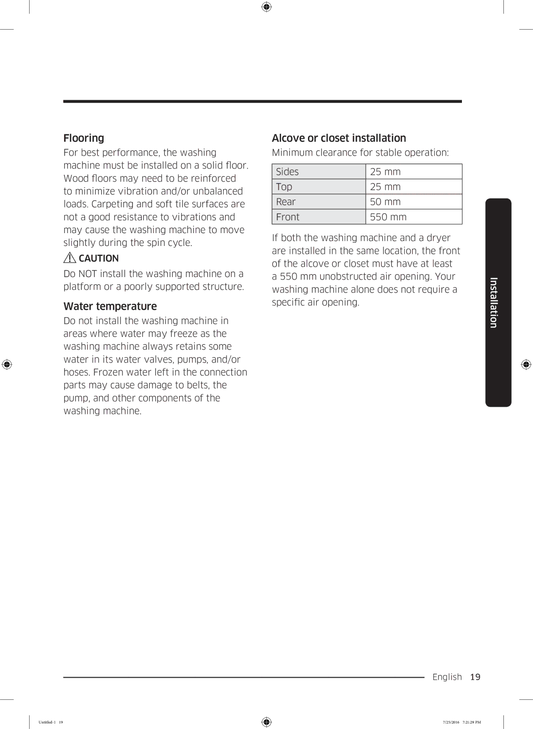 Samsung WD17J7825KP/SV manual Flooring, Water temperature, Alcove or closet installation 