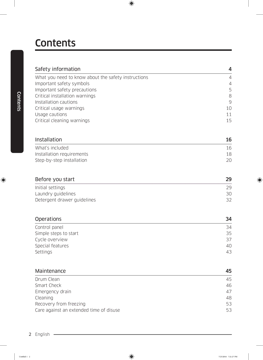 Samsung WD17J7825KP/SV manual Contents 