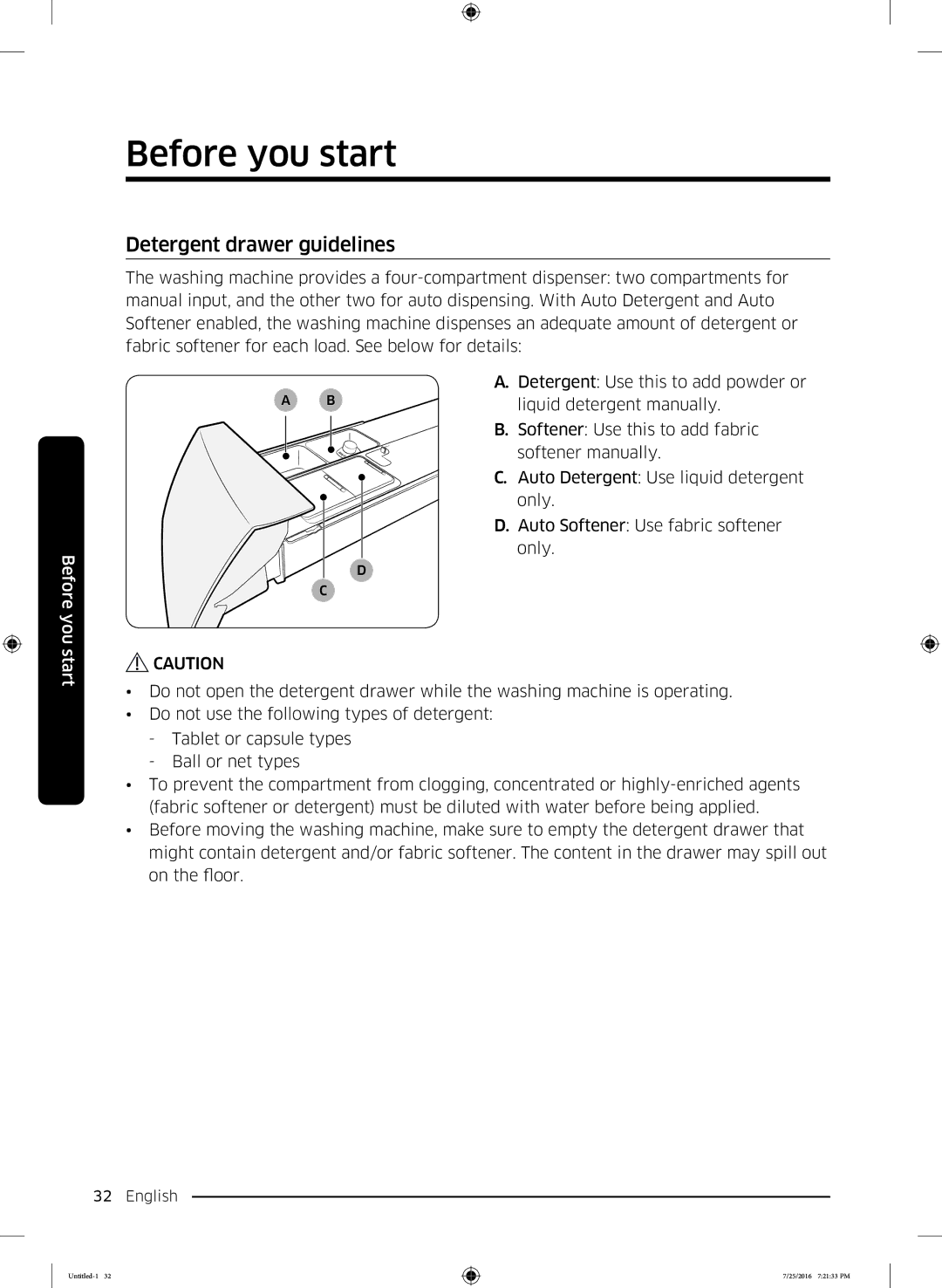 Samsung WD17J7825KP/SV manual Detergent drawer guidelines 