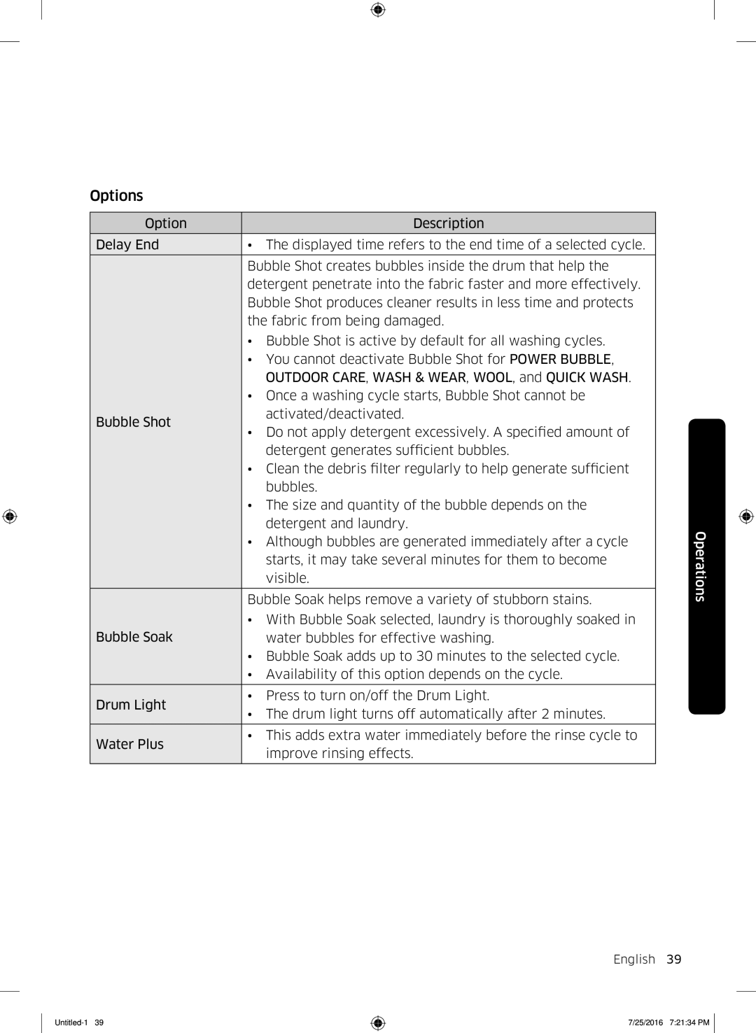 Samsung WD17J7825KP/SV manual Options 