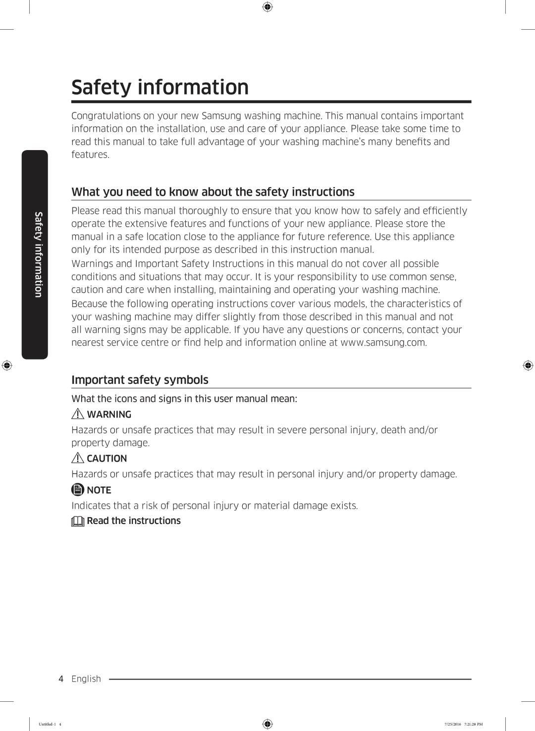 Samsung WD17J7825KP/SV manual Safety information 