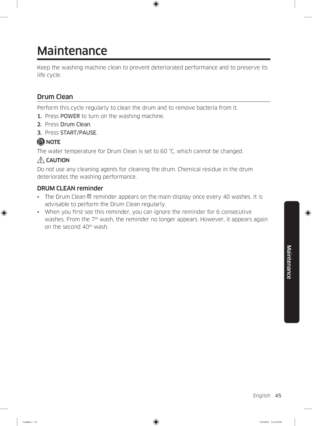 Samsung WD17J7825KP/SV manual Drum Clean reminder 