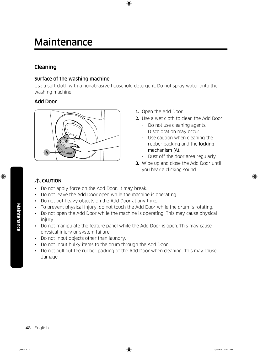 Samsung WD17J7825KP/SV manual Cleaning, Surface of the washing machine, Add Door 