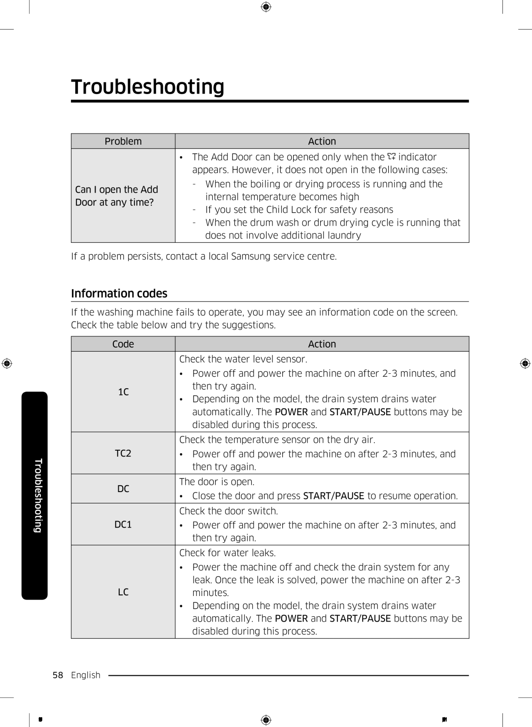 Samsung WD17J7825KP/SV manual Information codes, TC2 