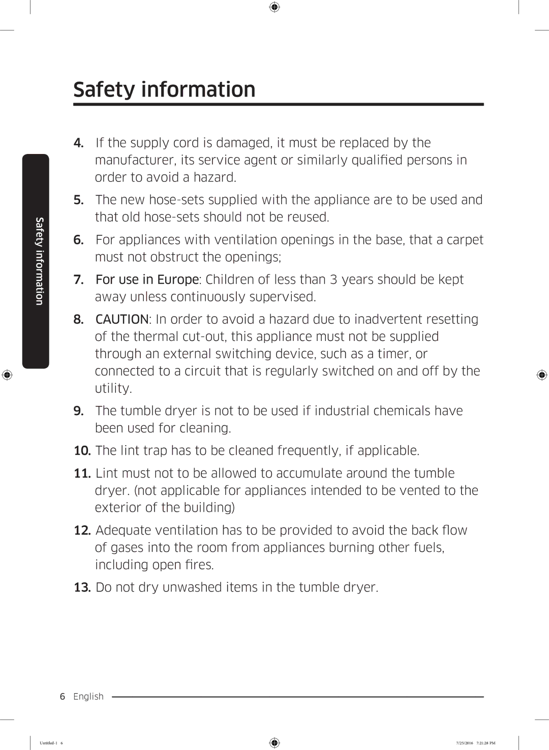 Samsung WD17J7825KP/SV manual Safety information 