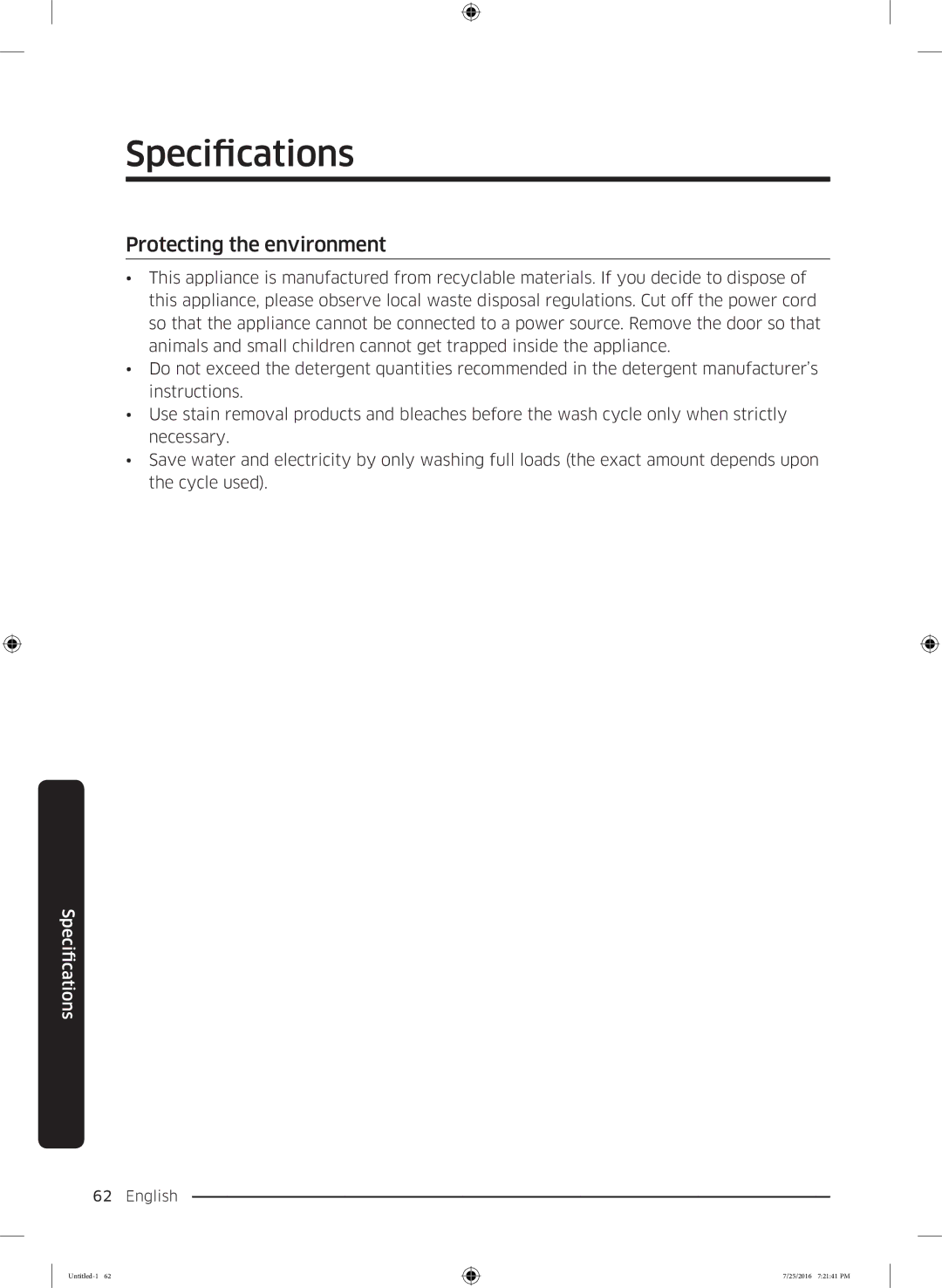 Samsung WD17J7825KP/SV manual Protecting the environment 