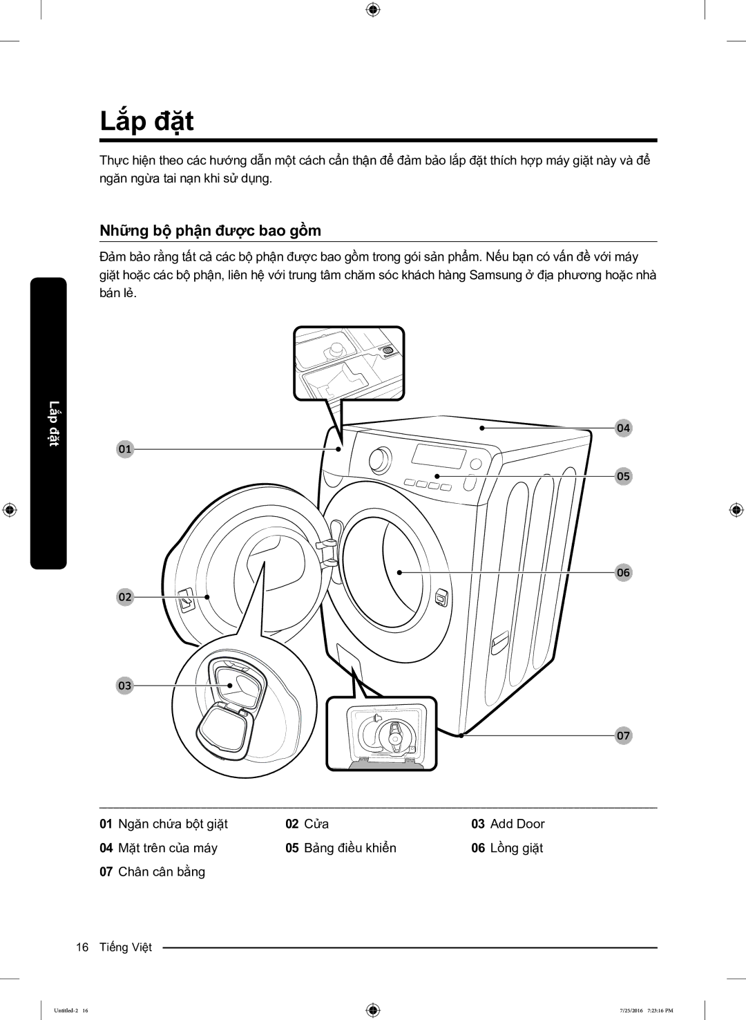 Samsung WD17J7825KP/SV manual Lắp đặt, Những bộ phận được bao gồm 