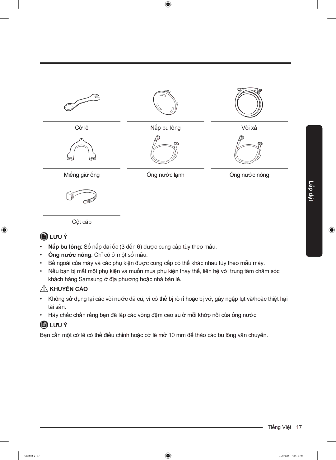 Samsung WD17J7825KP/SV manual Cờ lê Nắp bu lông 