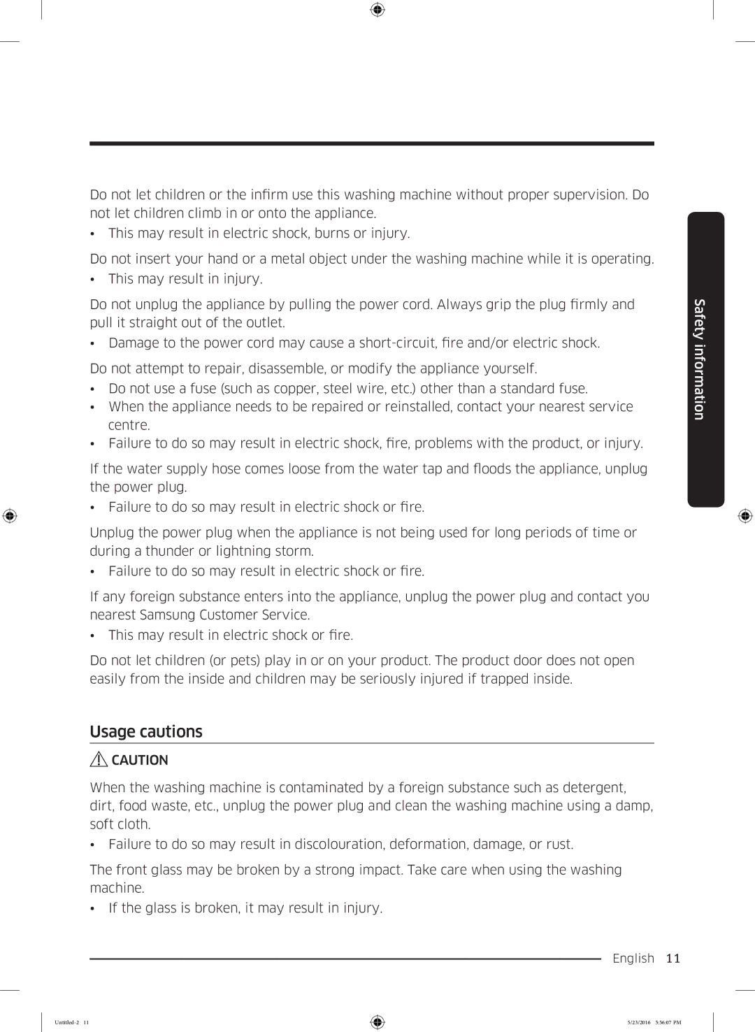 Samsung WD18J7810KG/YL manual Usage cautions 