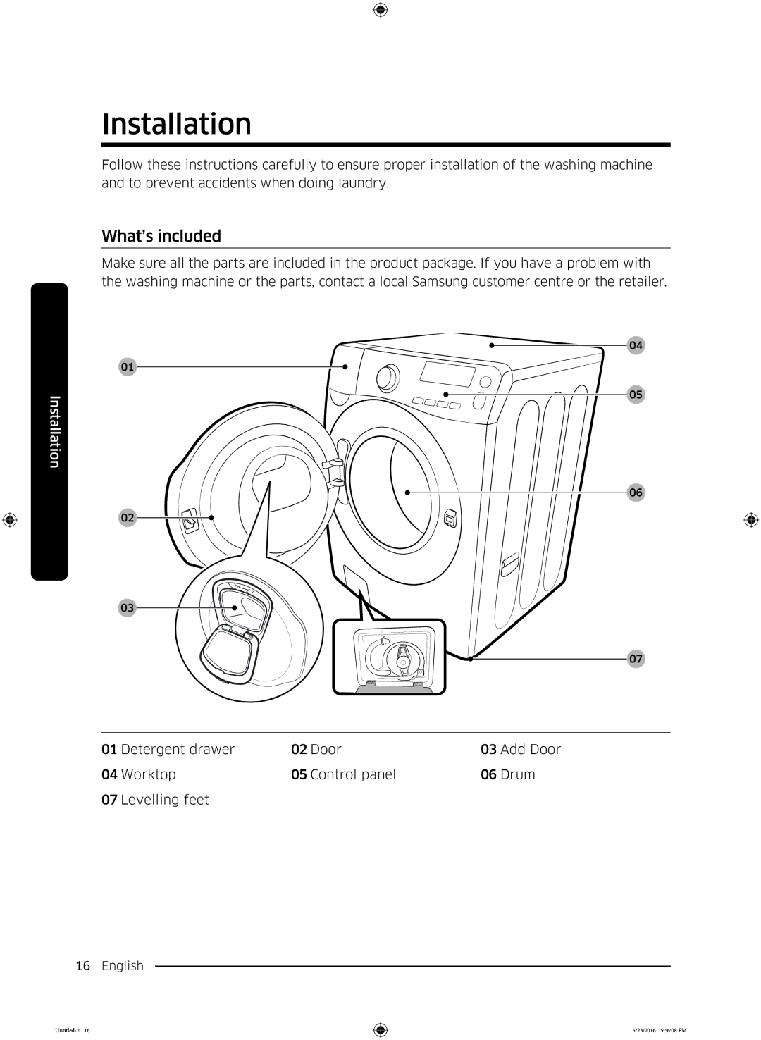 Samsung WD18J7810KG/YL manual Installation, What’s included 