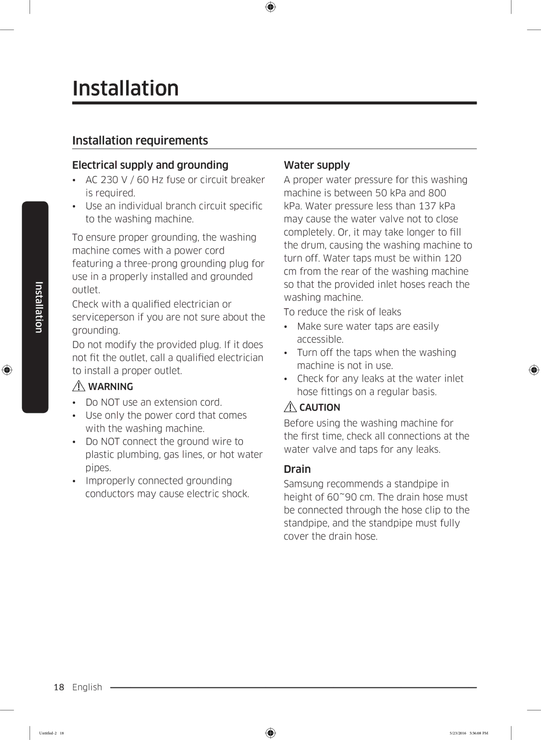 Samsung WD18J7810KG/YL manual Installation requirements, Electrical supply and grounding, Water supply, Drain 