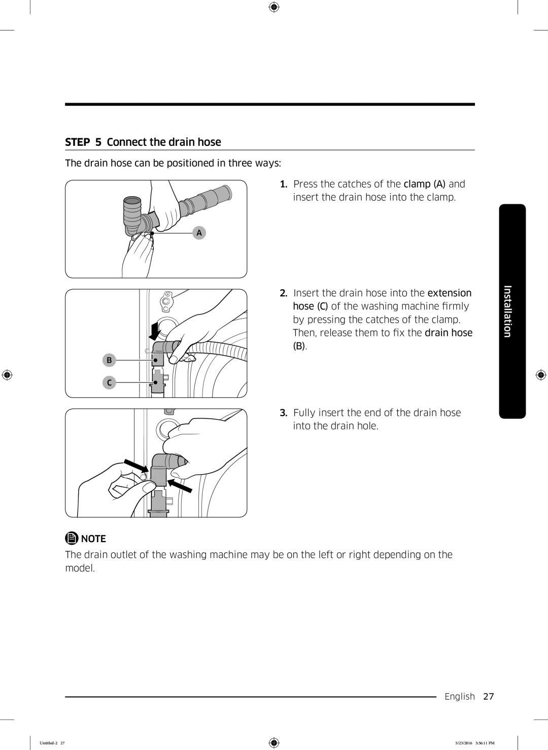 Samsung WD18J7810KG/YL manual Connect the drain hose 