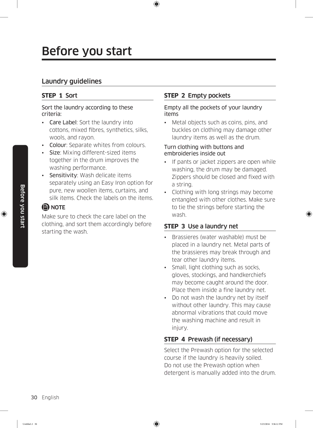 Samsung WD18J7810KG/YL manual Laundry guidelines, Sort, Empty pockets, Use a laundry net, Prewash if necessary 