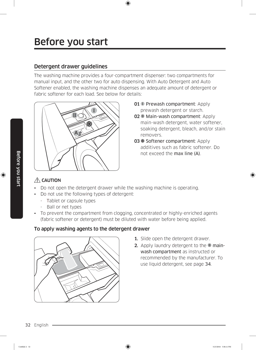 Samsung WD18J7810KG/YL manual Detergent drawer guidelines, To apply washing agents to the detergent drawer 