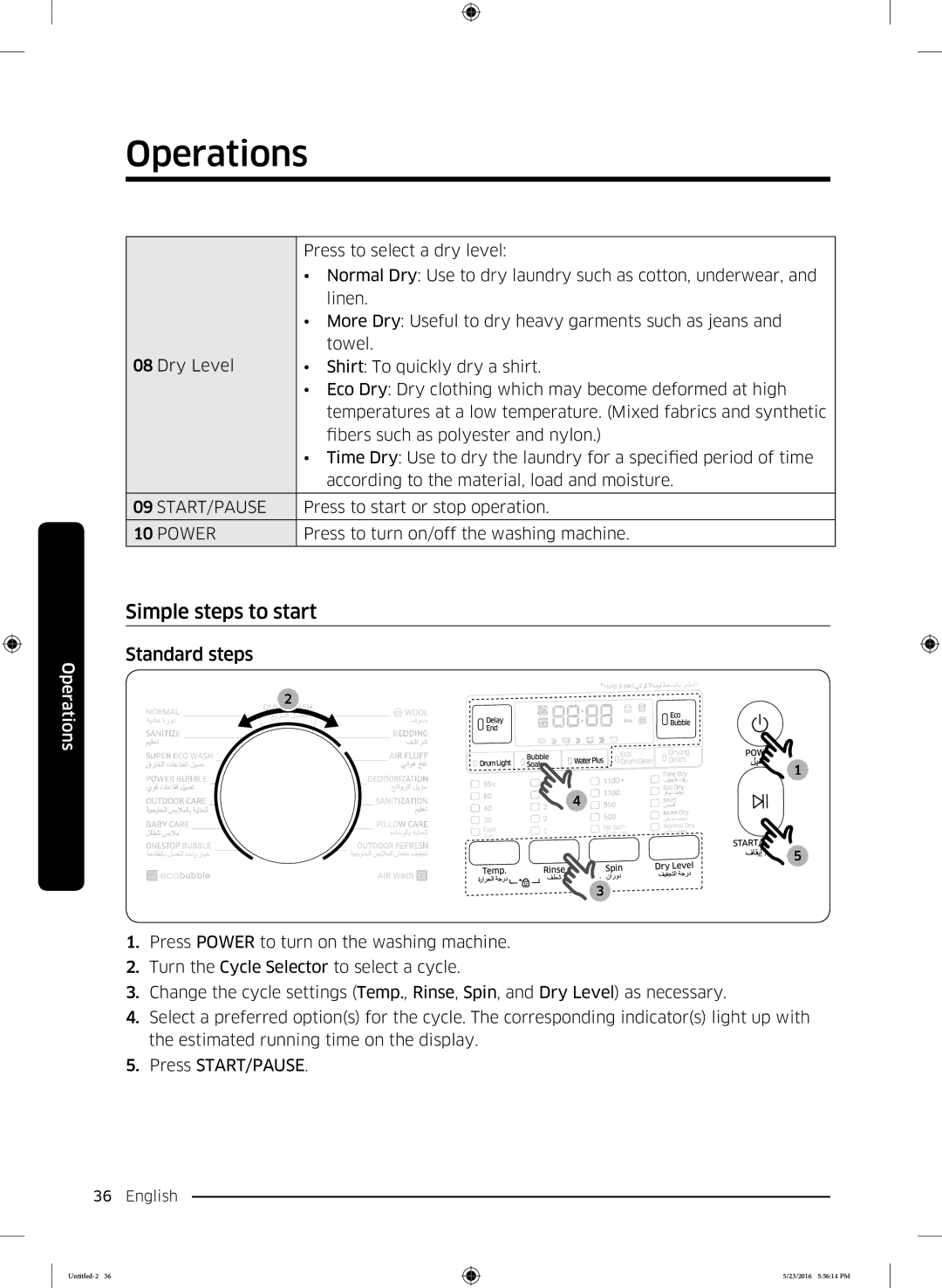 Samsung WD18J7810KG/YL manual Simple steps to start, Standard steps 