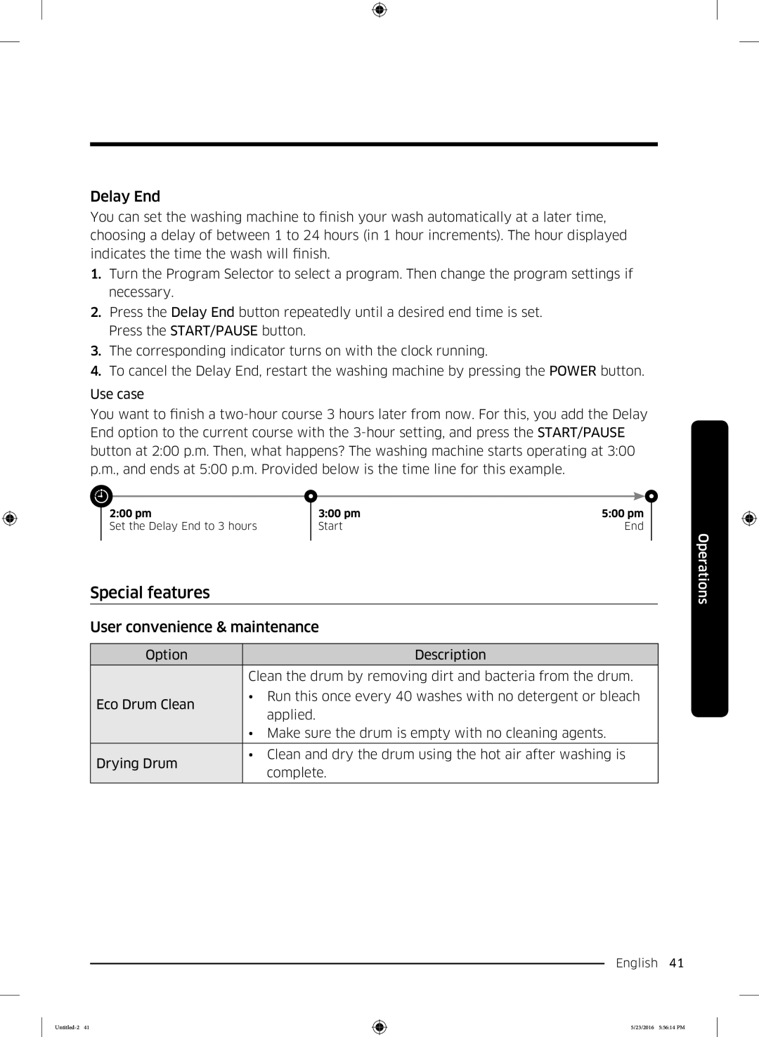 Samsung WD18J7810KG/YL manual Special features, Delay End, User convenience & maintenance 