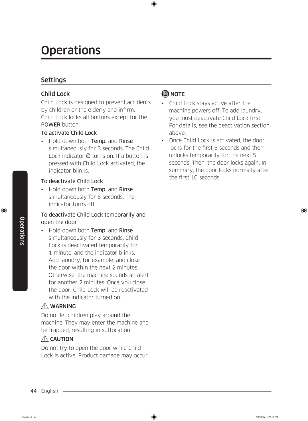 Samsung WD18J7810KG/YL manual Settings, Child Lock 