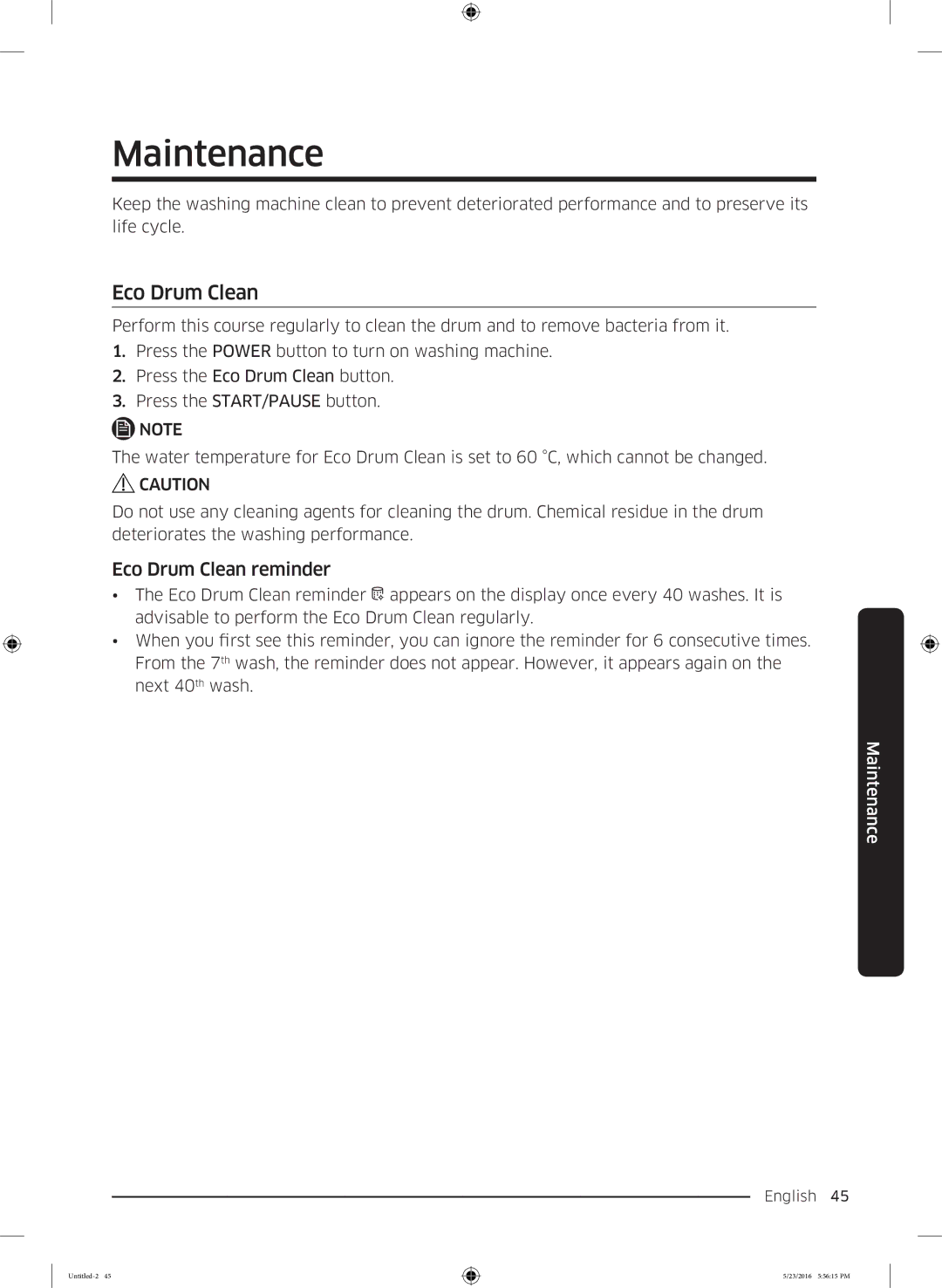 Samsung WD18J7810KG/YL manual Eco Drum Clean reminder 