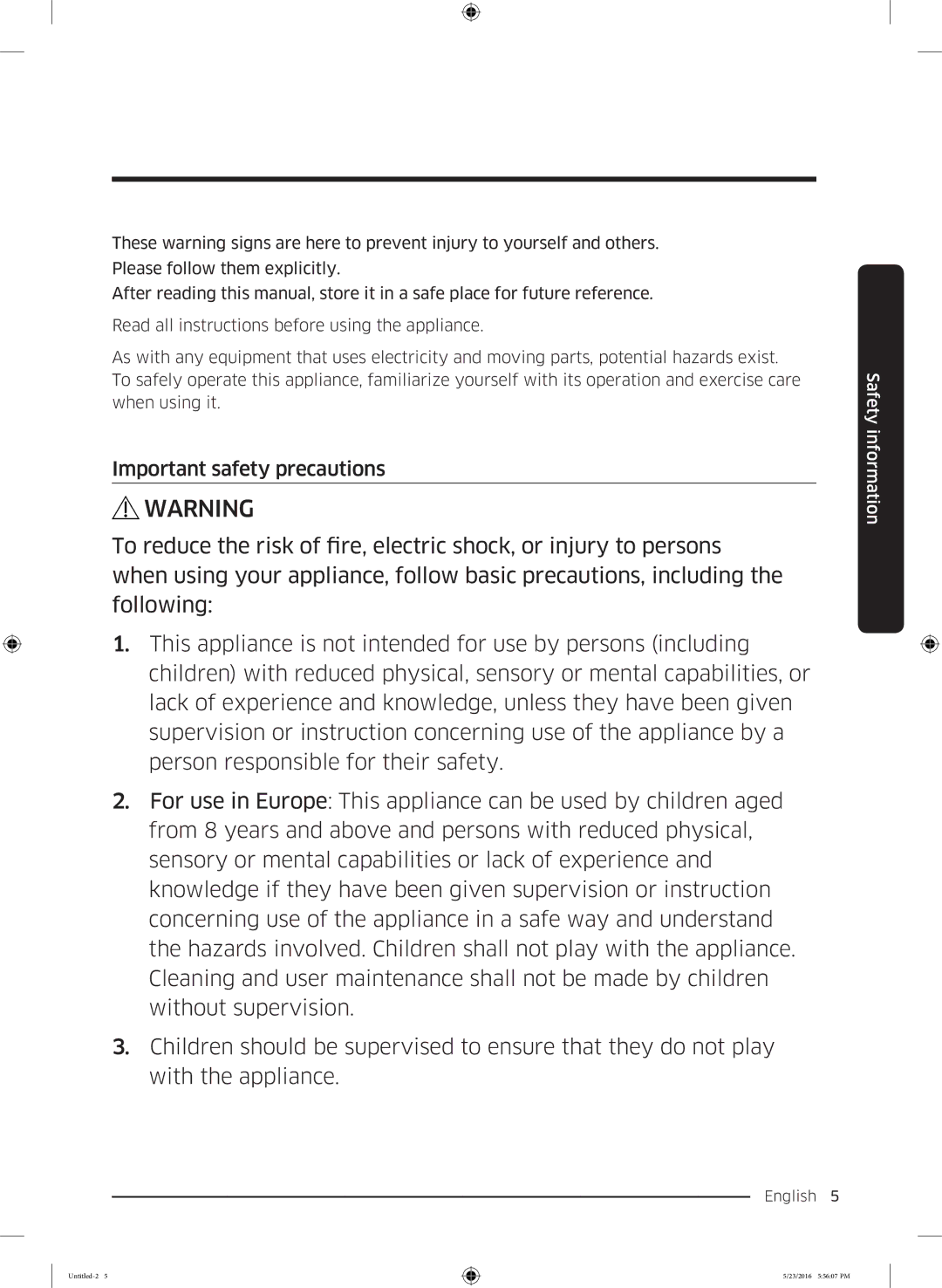 Samsung WD18J7810KG/YL manual Important safety precautions 