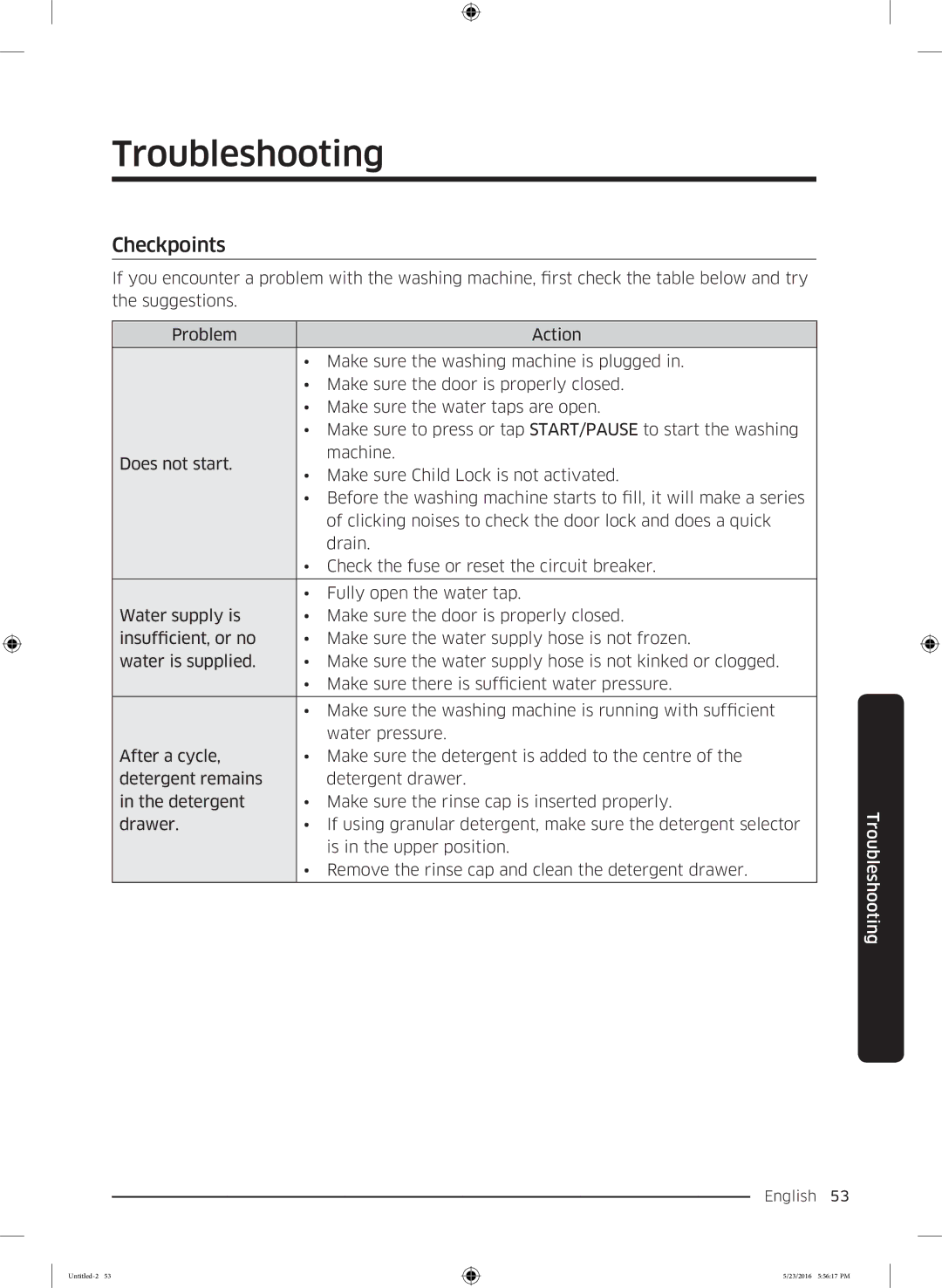 Samsung WD18J7810KG/YL manual Troubleshooting, Checkpoints 